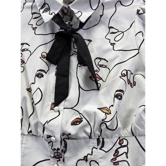 Milk & Honey Face Line Art Cropped Blouse White Black Neck Tie Puff Sleeve M - Picture 7 of 10